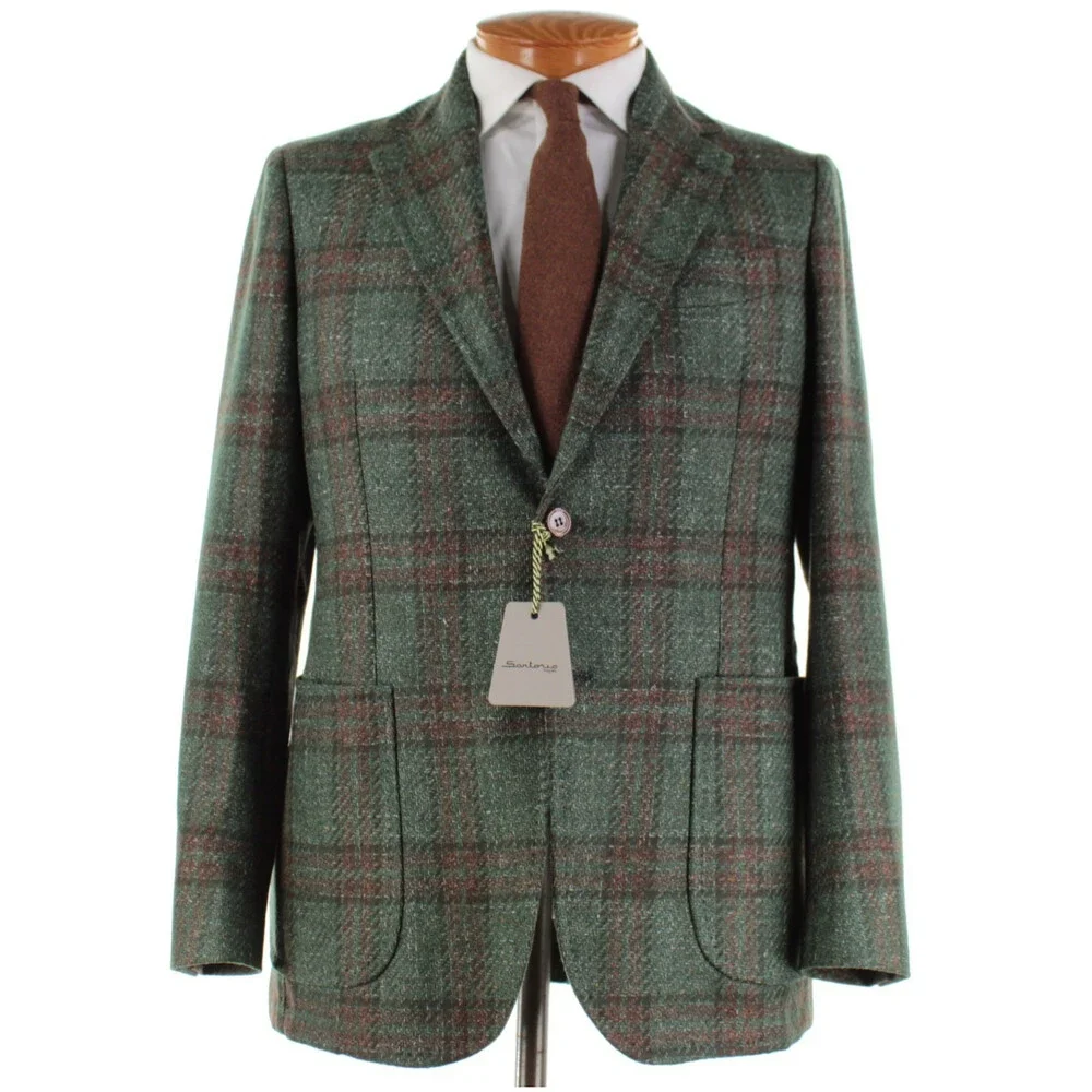 Sartorio Kiton NWT Wool Blend Sport Coat Size 52R (42R US) Green w/ Brown Plaid